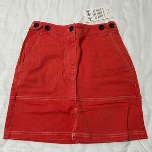 Wildfang Womens The Essential Denim Work Skirt Red Orange Mini Small Pockets New